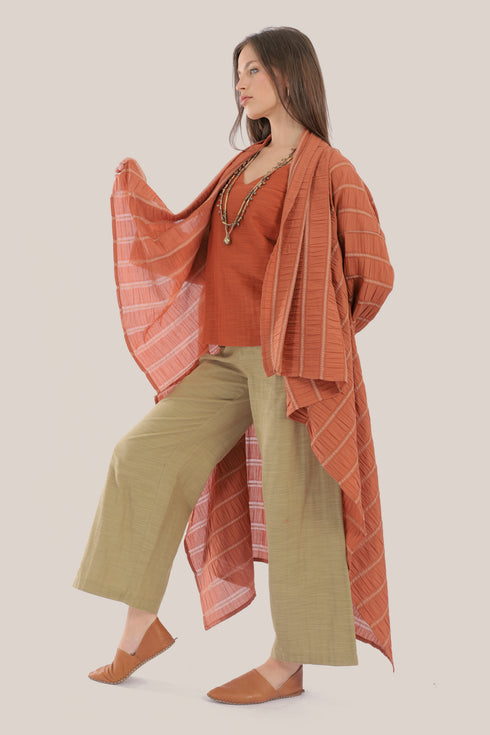 Striped coat with draped collar and long sleeves
